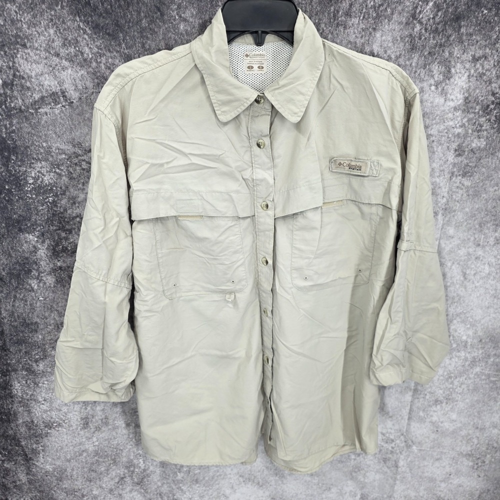 Columbia PFG Top Womens Large Beige Vented Mesh Fishing 3/4 Sleeve Omni‎ Shade